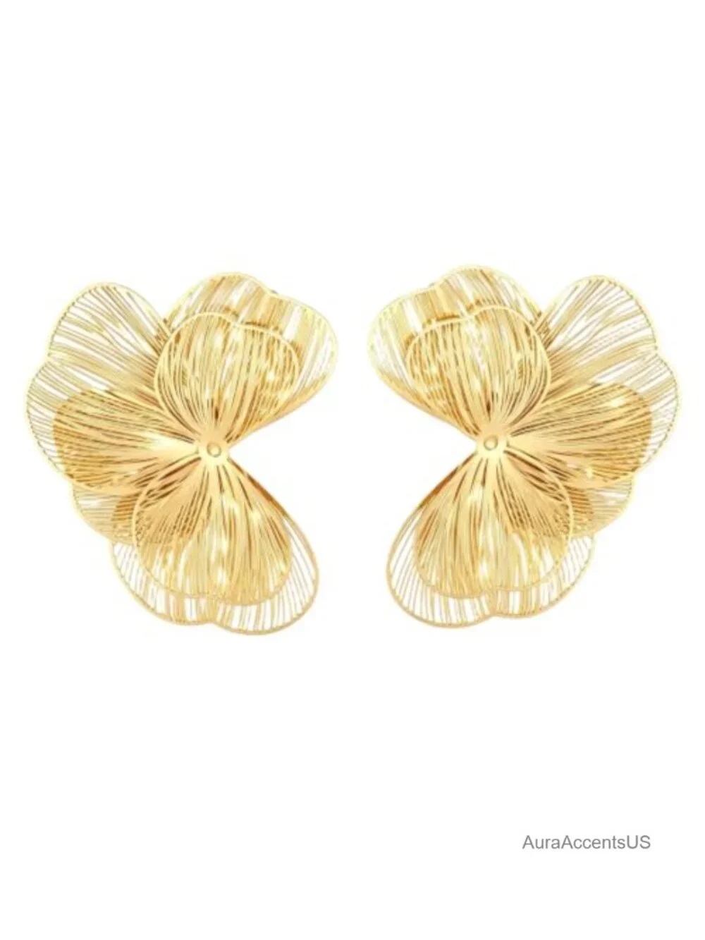 Oversized Gold Plated Stainless Steel Flower Drop Earrings Statement Floral